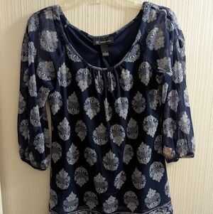 INC International Concepts Blue Print, Shear 3/4 Length Sleeves Blouse Size S